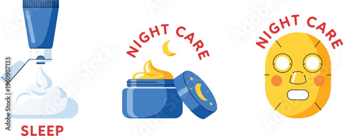 Night Care Products Including Sleep Cream, Face Mask, and Moisturizing Cream for Skincare and Wellness Illustrations