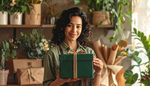 A woman holding a gift box in a room with plants