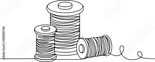 Spools of Thread in Continuous Line Style White Background sewing craft