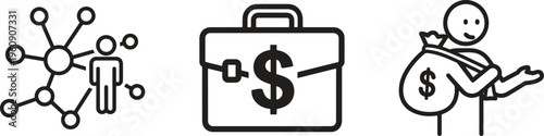 Business finance icons, money symbols, briefcase, network, bag