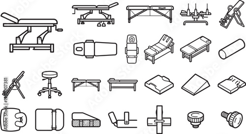A collection of outline illustrations of medical equipment, ideal for illustrating concepts related to physical therapy, rehabilitation, or medical procedures.
