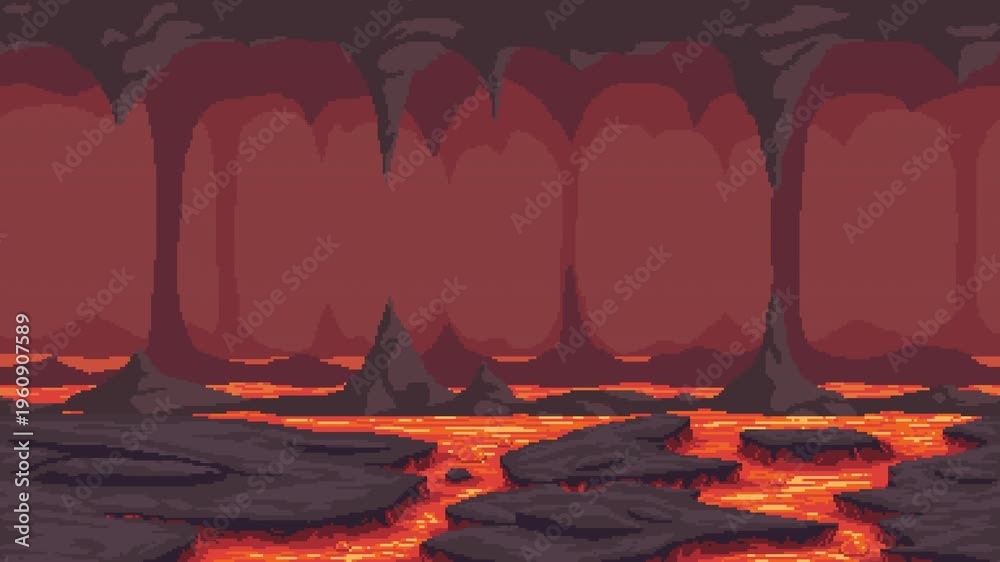 Pixel Lava Fall Pixel art volcanic cave with flowing lava and parallax horizontal ...