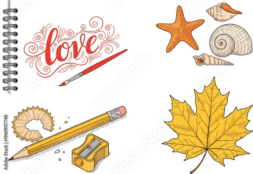Hand-Drawn Objects Including Love Text, Seashells, Starfish, and Pencil for Creative and Artistic Illustrations