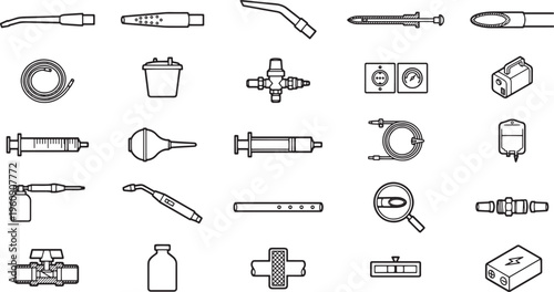 An assortment of medical devices and tools, from syringes and gauges to tubes and connectors, artfully arranged on a clean, uncluttered canvas. 