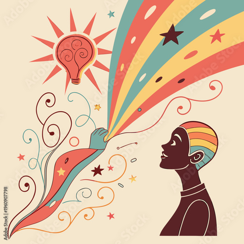 A person with a lightbulb idea and rainbow thoughts