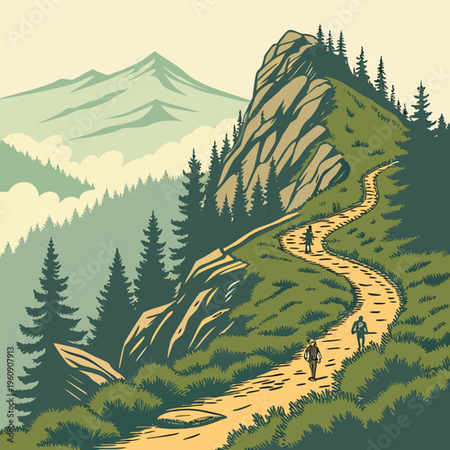 Hikers on a winding trail through a mountainous landscape
