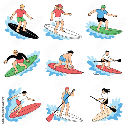 Diverse People Surfing and Paddleboarding on Water