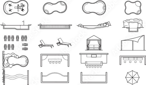 Various pool and relaxation space elements with simple and modern design aesthetic on the paper.