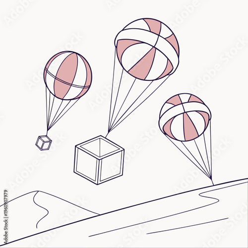 Parachutes are dropping a cube and cube shaped object