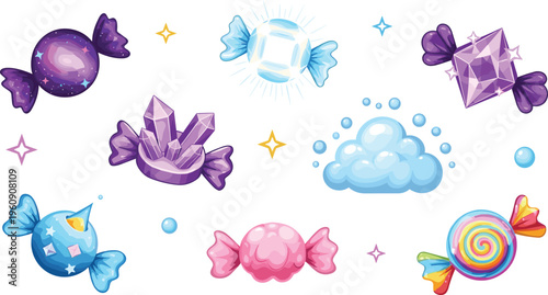 Fantasy candy collection with colorful sweets, crystal sugar treats and glossy caramel desserts, magical confectionery vector illustration set for kids and dessert design