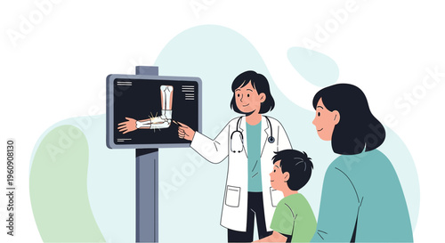 Doctor Explains X-Ray Results to Mother and Child in Medical Office