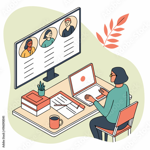 Woman working on laptop with video conference on monitor