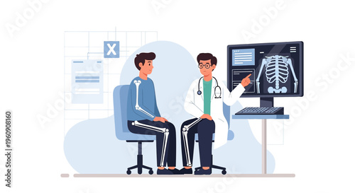 Doctor Explains X-ray Results to Patient Showing Skeletal System on Screen