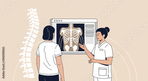 Doctor explains X-ray scan of spine and rib cage to patient in clinic