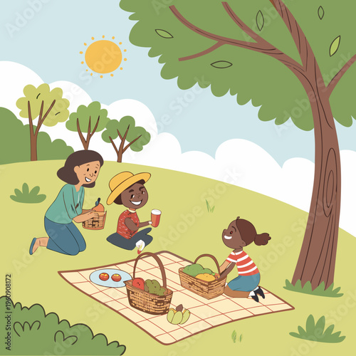 Children having a picnic in the park with baskets of food