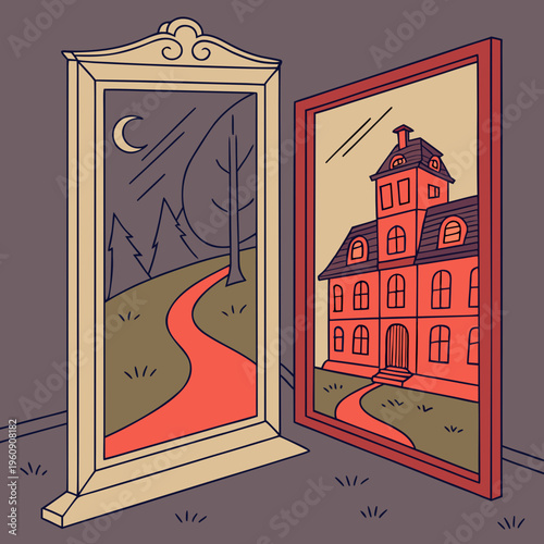 A reflection of a haunted house in a mirror