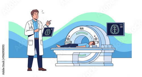 Doctor Explains MRI Scan to Patient Lying in Machine with Brain Scans Displayed