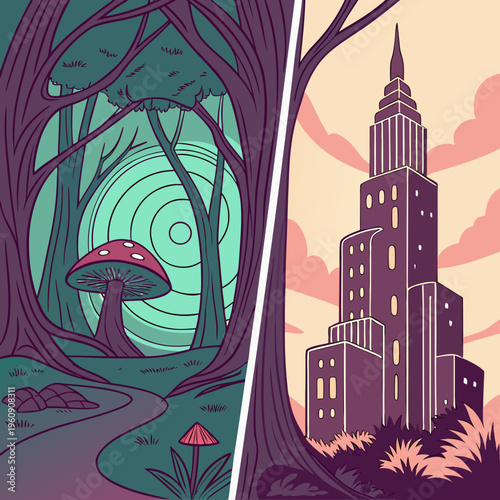 A fantasy illustration of a mushroom in a forest and a skyscraper