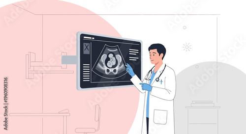 Doctor Explains Ultrasound Scan Results Showing Fetus on Screen in Medical Office