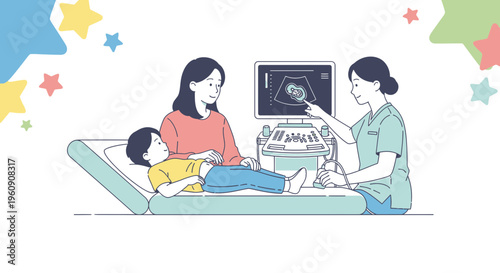 Doctor Explains Ultrasound Scan to Mother and Child in Medical Room