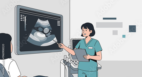 Doctor Explains Ultrasound Scan to Pregnant Patient in Medical Room