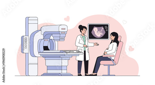 Doctor Explains Ultrasound Scan to Pregnant Woman in Modern Medical Clinic