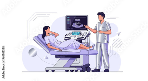Doctor Explains Ultrasound Scan to Pregnant Woman in Clinic