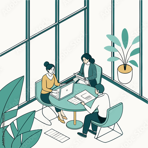 Three people sitting around a table with laptops and papers