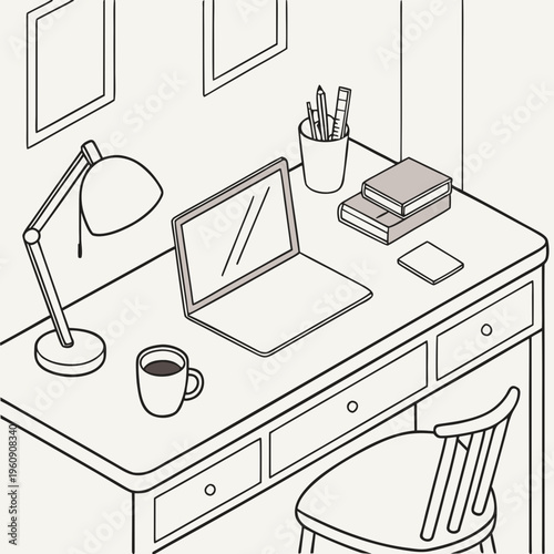 A desk with a laptop computer and office supplies