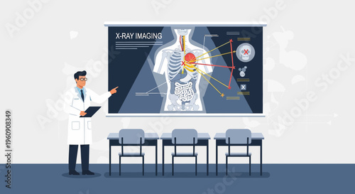 Doctor Explains X-Ray Imaging of Human Body on Interactive Screen in Classroom