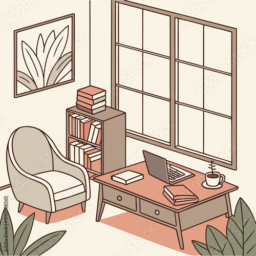 A home office with a desk, chair, bookshelf and laptop