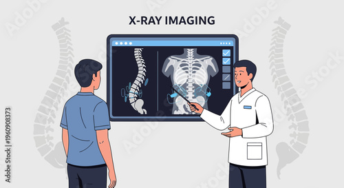 Doctor Explains X-Ray Imaging Results to Patient Showing Spine and Torso Scan