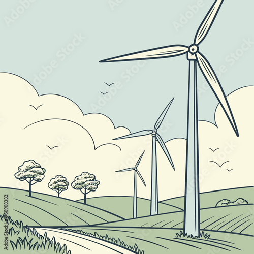 Wind turbines on a green hill