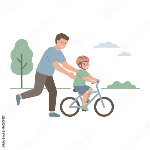 Father teaches young boy riding bicycle in park with trees and clouds
