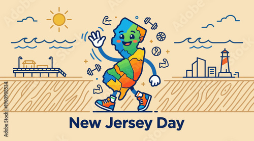 New Jersey Day Celebration - A Vibrant Illustration Showcasing Iconic State Landmarks and Festive Spirit