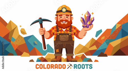 A cheerful bearded miner with a pickaxe proudly displays a sparkling crystal cluster, symbolizing rewarding discovery of natural resources and diligent geological exploration