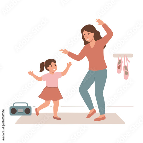 A woman and a little girl are dancing together on a mat indoors.