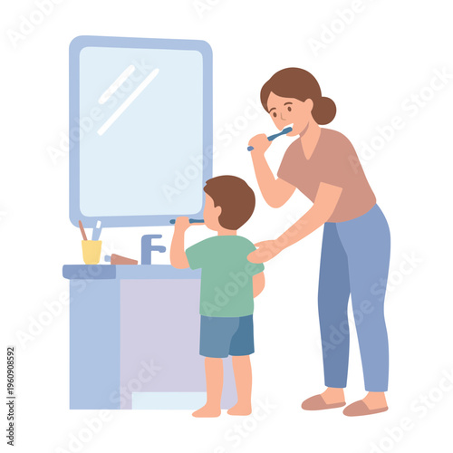 A woman helps a child brushing teeth in bathroom with mirror