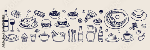  Italian cuisine pizza and pasta, Healthy salad and fruit platter, Fast food burger and fries, Beverage bottle and jug icons, Restaurant menu line art doodles, Dining table setting graphics, Culinary 