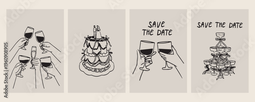 vintage wedding cake and toast doodles, set of hand drawn celebration icons, classic line art graphic elements, save the date sketches, retro anniversary illustrations, vector romantic graphics, elega