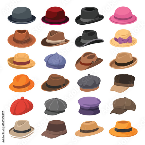 Assortment of Diverse Hats Arranged in a Grid headwear