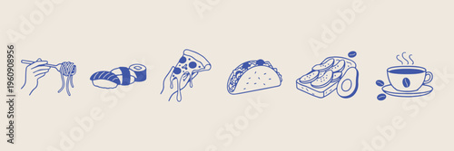  set of hand drawn food doodles, simple blue line art slice of pizza, Mexican taco icon, rustic vector elements, home cooking illustrations, retro culinary sketches, menu design graphics

