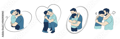 Loving Father Hugging Son Vector Set – Warm Family Bond, Tender Parenting Moments Illustration Collection. Father's Day set of illustrations.