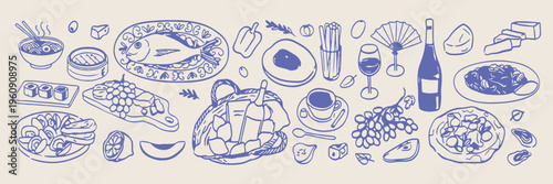 vintage wine and cheese doodle, hand drawn picnic spread, vector charcuterie elements, simple blue food art, bistro menu illustration, set of kitchen elements

