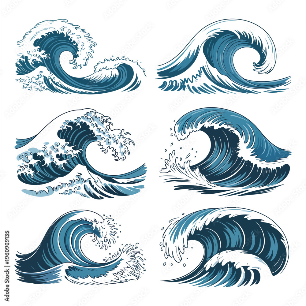 Obraz premium Set of Six Stylized Blue Ocean Wave Illustrations water