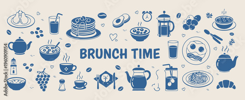 hand drawn brunch time doodles, vector breakfast food and drink icons, set of blue line art kitchenware, pancakes and coffee sketches, cafe menu graphics, simple morning routine illustrations, rustic 