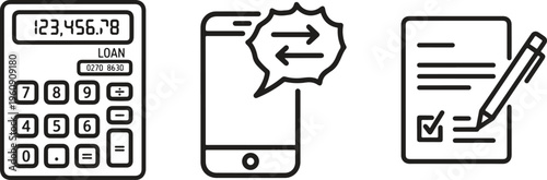 Calculator, smartphone, document icons, line style, business symbols, 3 elements, black and white