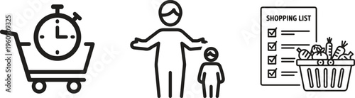 Shopping, retail, and family vector icons, black line style, shopping cart, clock, parent and child