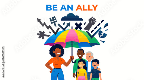 Diverse Community Finds Unity and Protection Under a Symbolic Umbrella, Illustrating the Power of Allyship and Collective Support Against Adversity