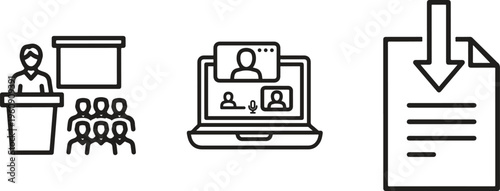 Business presentation, online meeting, document download icons, black line style, vector graphics